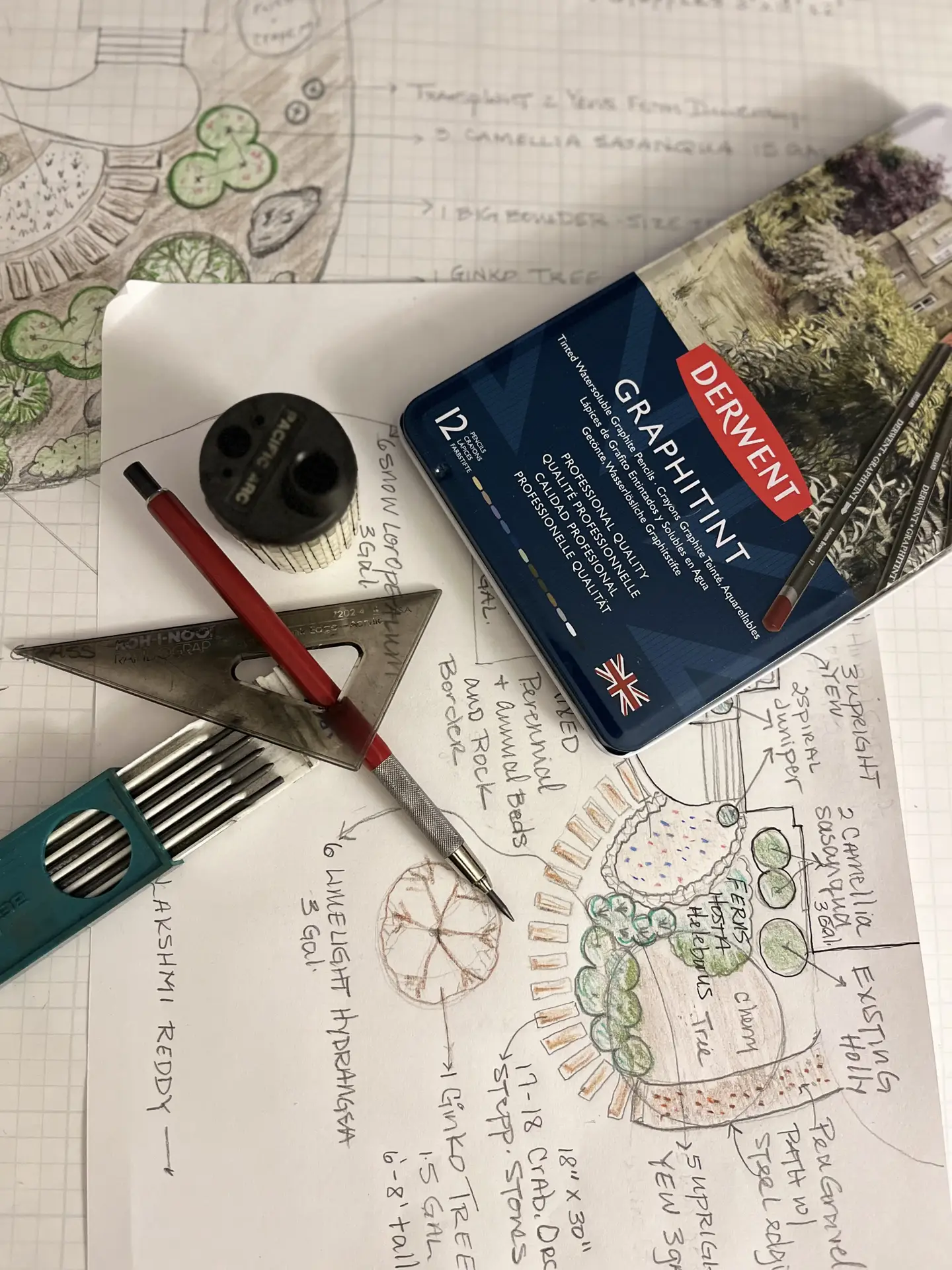 a design toolset image over a paper with a landscape design
